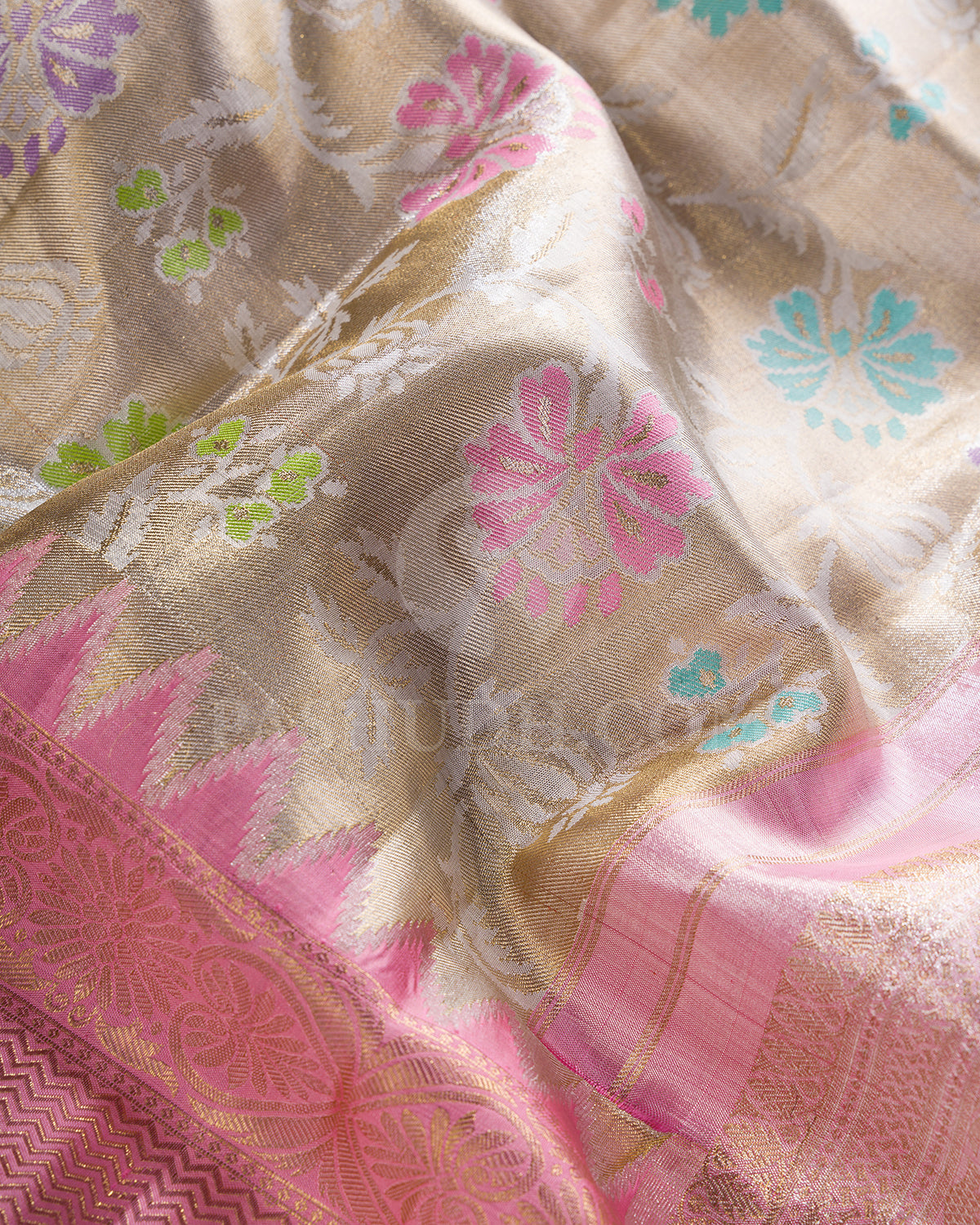 Silver gold And Baby Pink Tissue Kanjivaram Silk Saree - BKB14