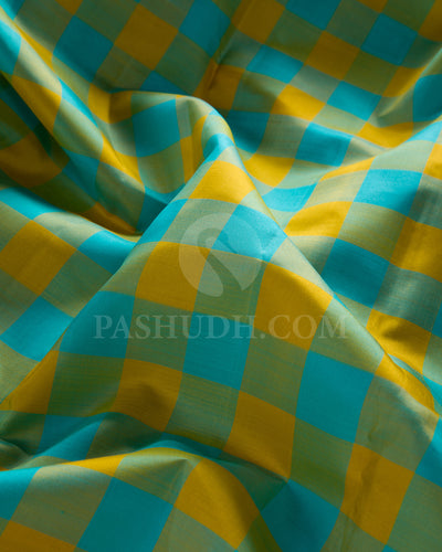 Mustard Yellow And Anandha Blue Checkered, Pink Traditional Kanjivaram Silk Saree - SVJ68