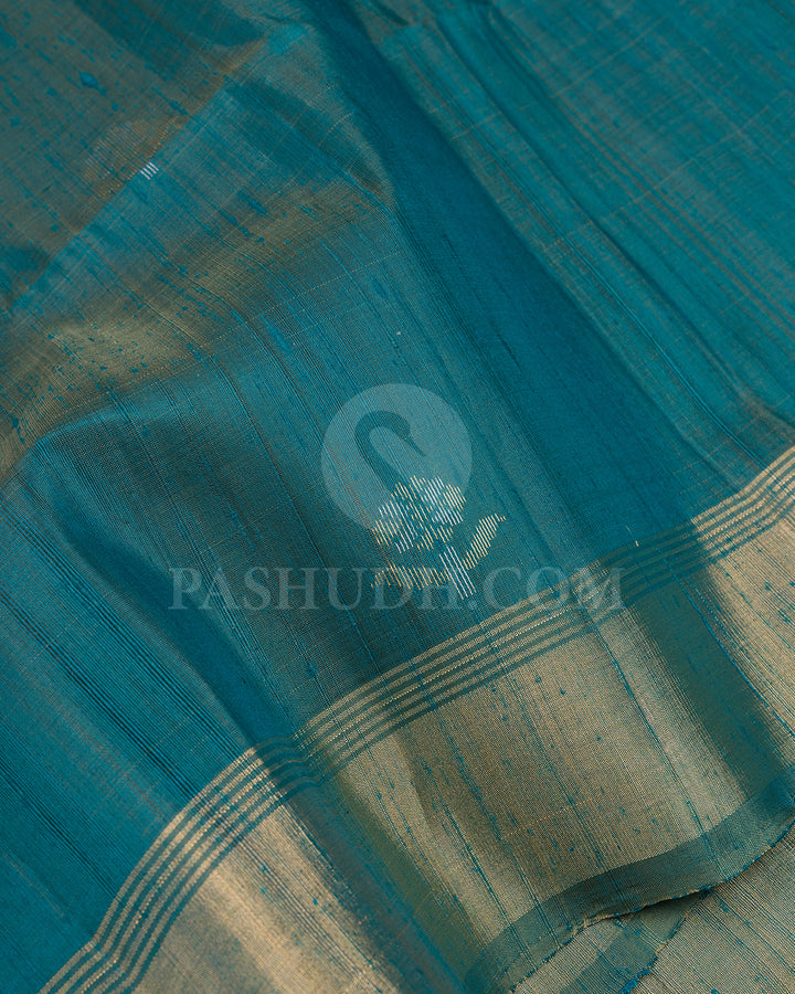 Teal and Greige Dupion Soft Silk Saree - AC45
