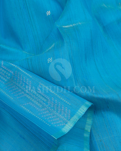 Turquoise Blue and Grey Dupion Soft Silk Saree - AC98