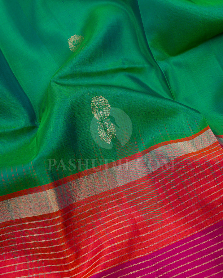 Dual Tone Green, Orange and Rani Pink Soft Silk Saree - AC100