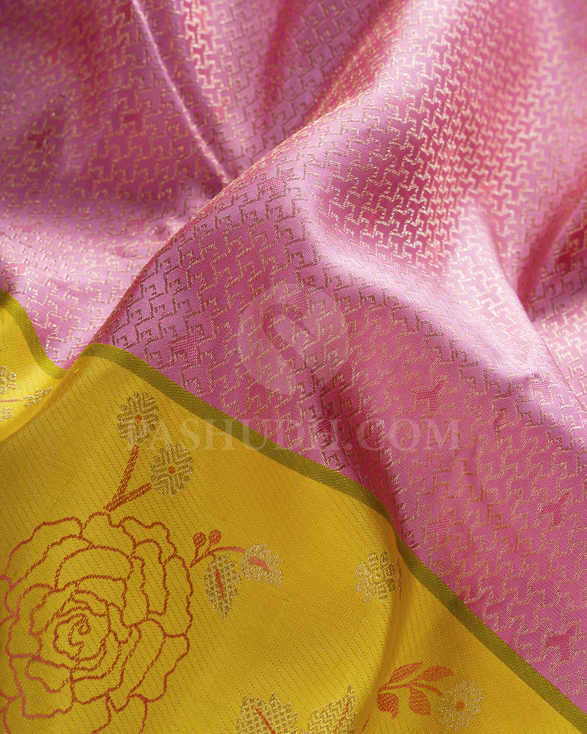 Baby Pink And Bumble Bee Yellow Kanjivaram Silk Saree - DJ344(A)