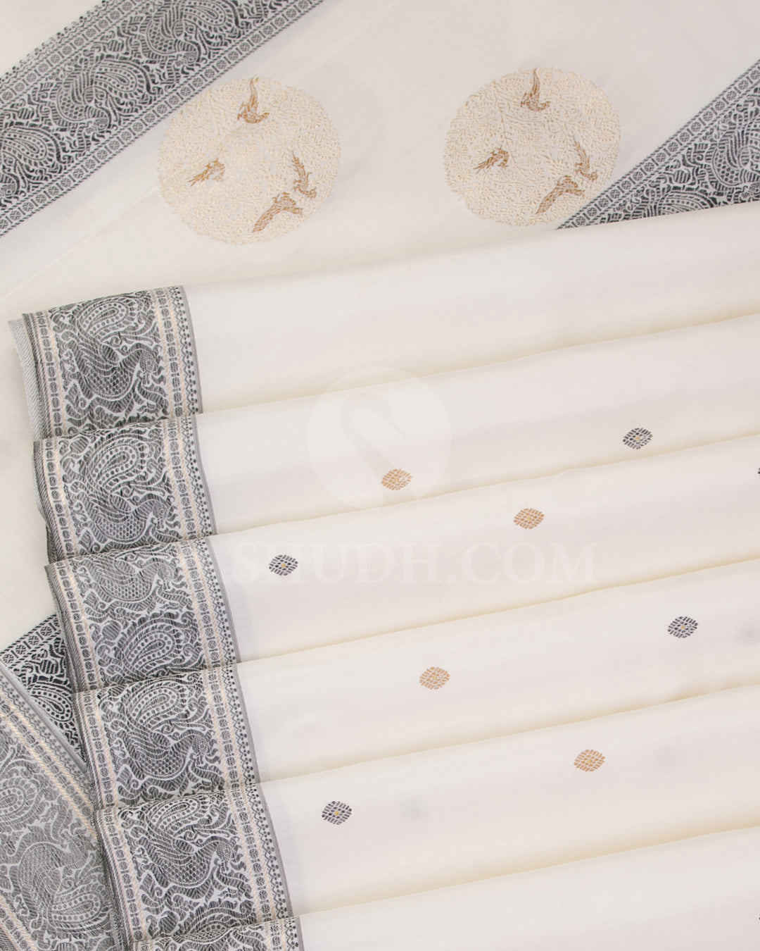 Cream And Dark Grey Kanjivaram Silk Saree - S1162(A) - View 4