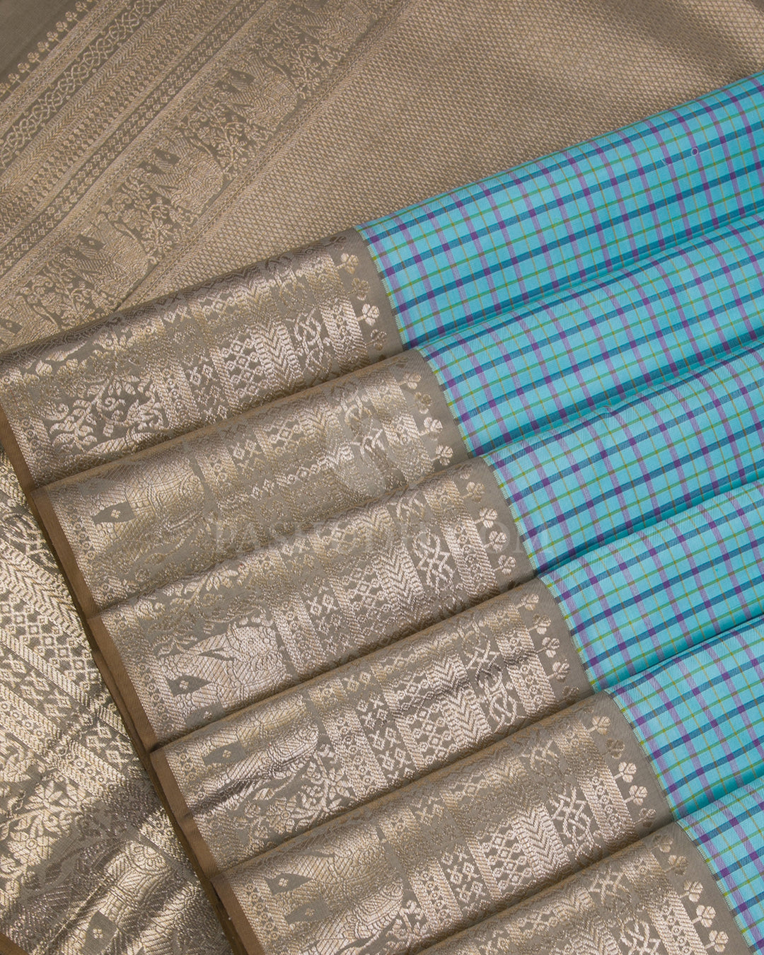 Sky Blue & Grey Kanjivaram Silk Saree - S1104(A) - View 4