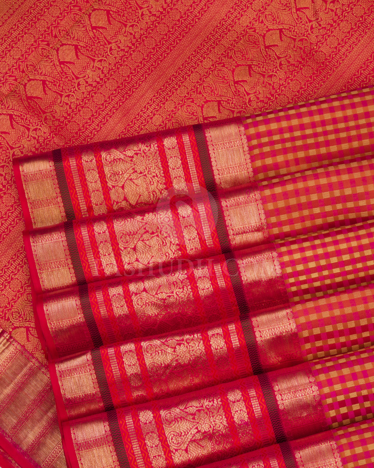 Orange, Pink and Red Kanjivaram Silk Saree  - DT184 - View 4