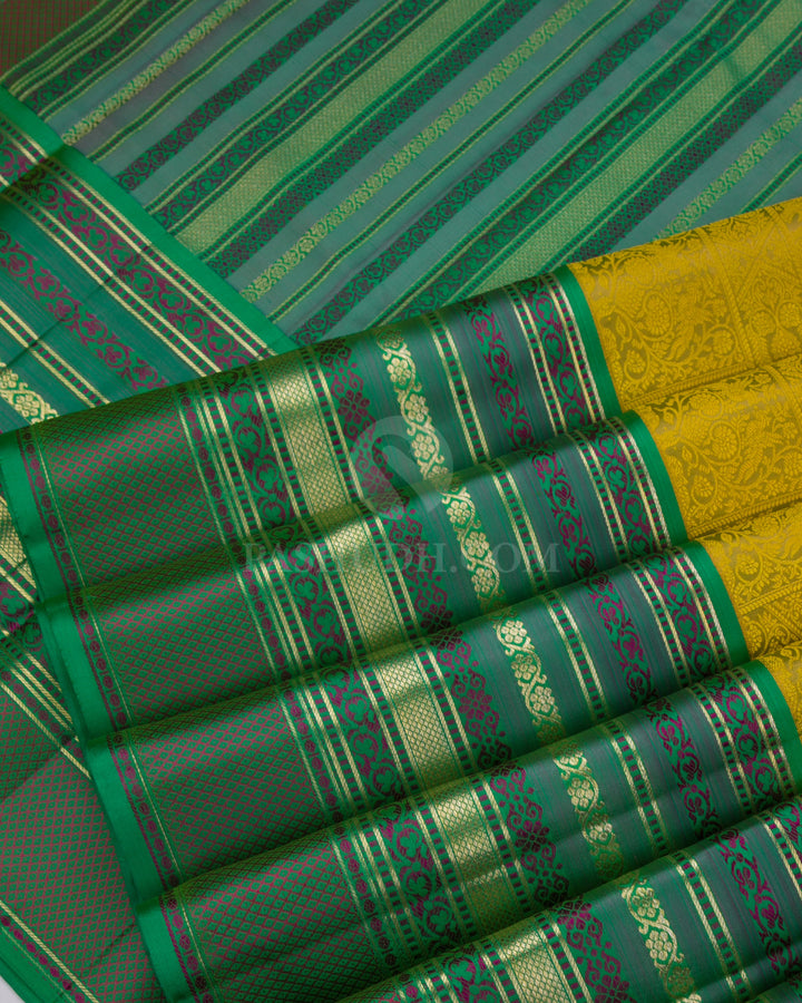Mustard Yellow and Green Kanjivaram Silk Saree - DJ213 -View 4