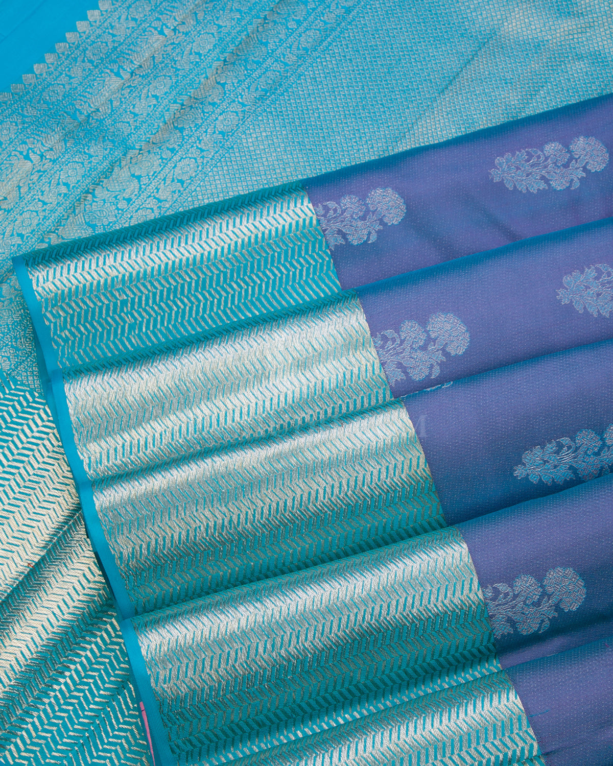 Grey and Turquoise Blue Kanjivaram Silk Saree - D470 - View 4