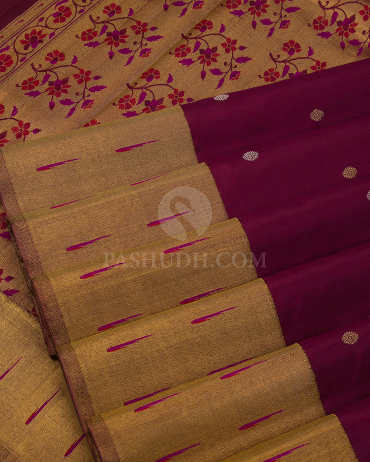 Betel Nut (Maroon) Pure Zari Kanjivaram Silk Saree with Paithani pallu- P131 - View 4