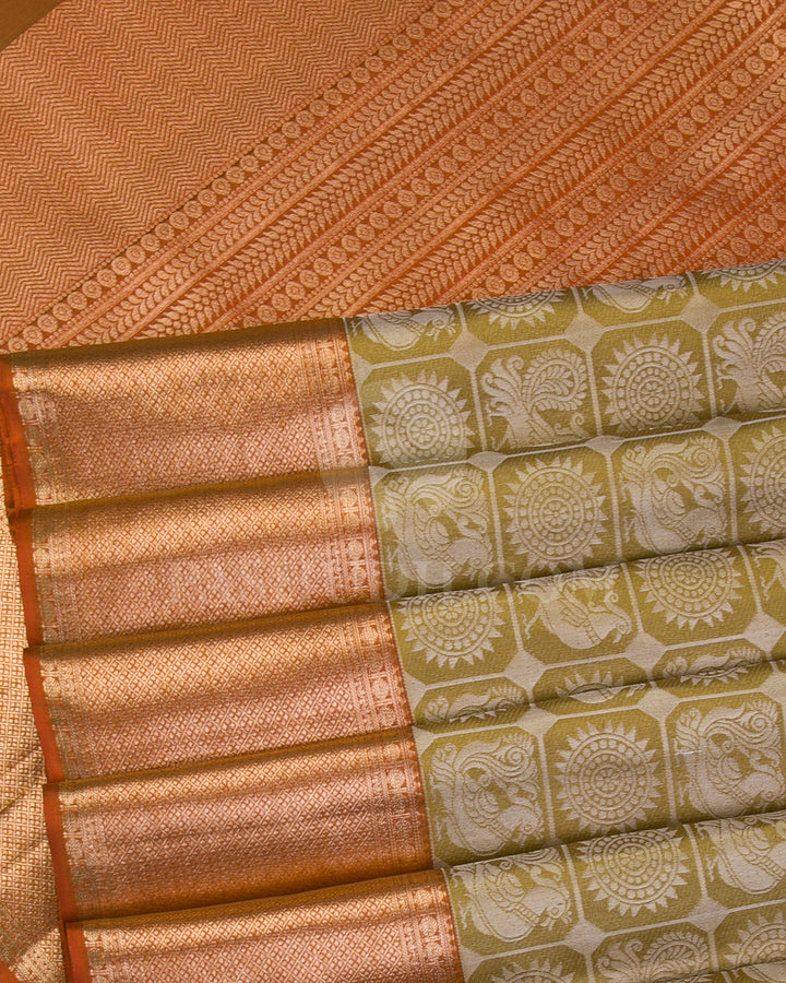 Mehendi Green and Rust Orange Kanjivaram Silk Saree - D549(A) - View 3