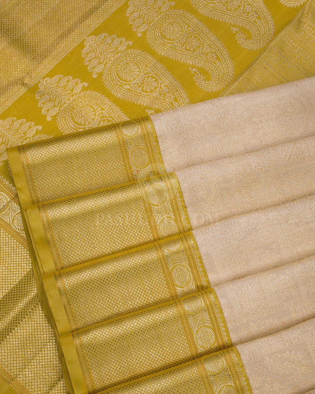 Ivory Cream & Tuscany Yellow Kanjivaram Silk Saree - S861 -View 5