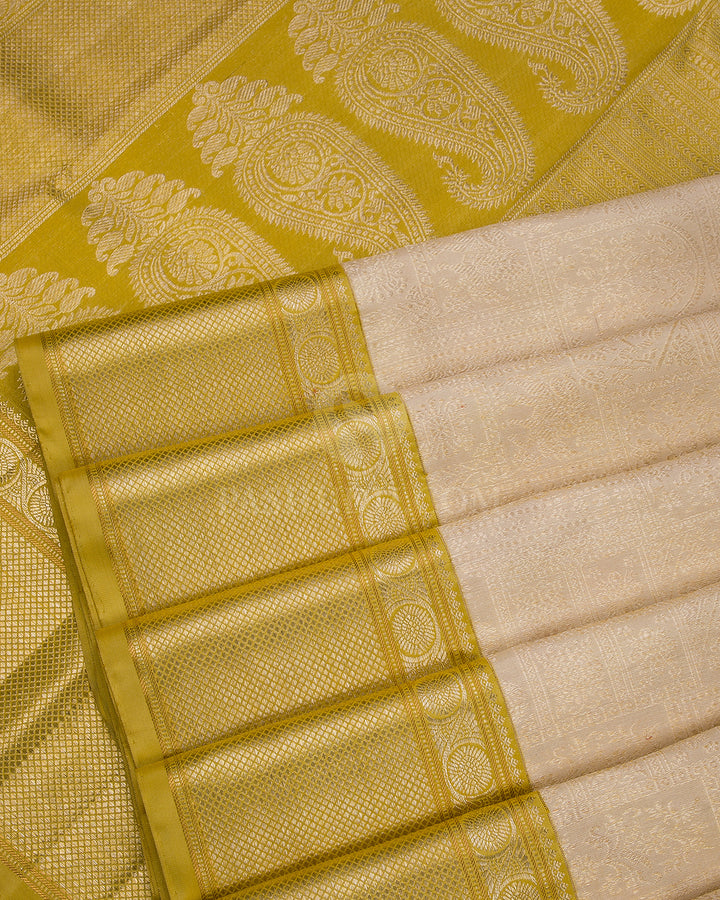 Ivory Cream & Tuscany Yellow Kanjivaram Silk Saree - S861 -View 5