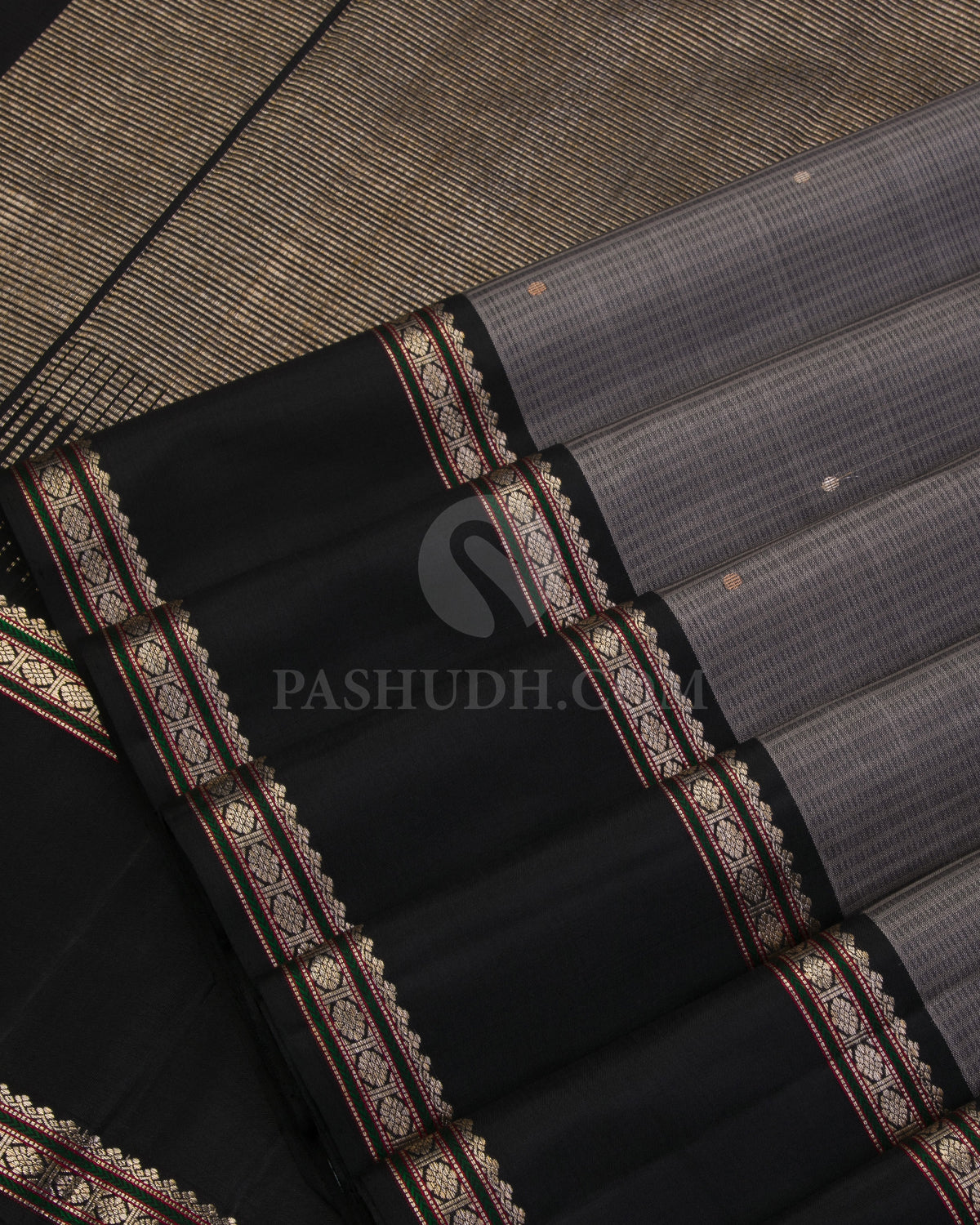Grey & Black Kanjivaram Silk Saree - S1055(A) - View 4