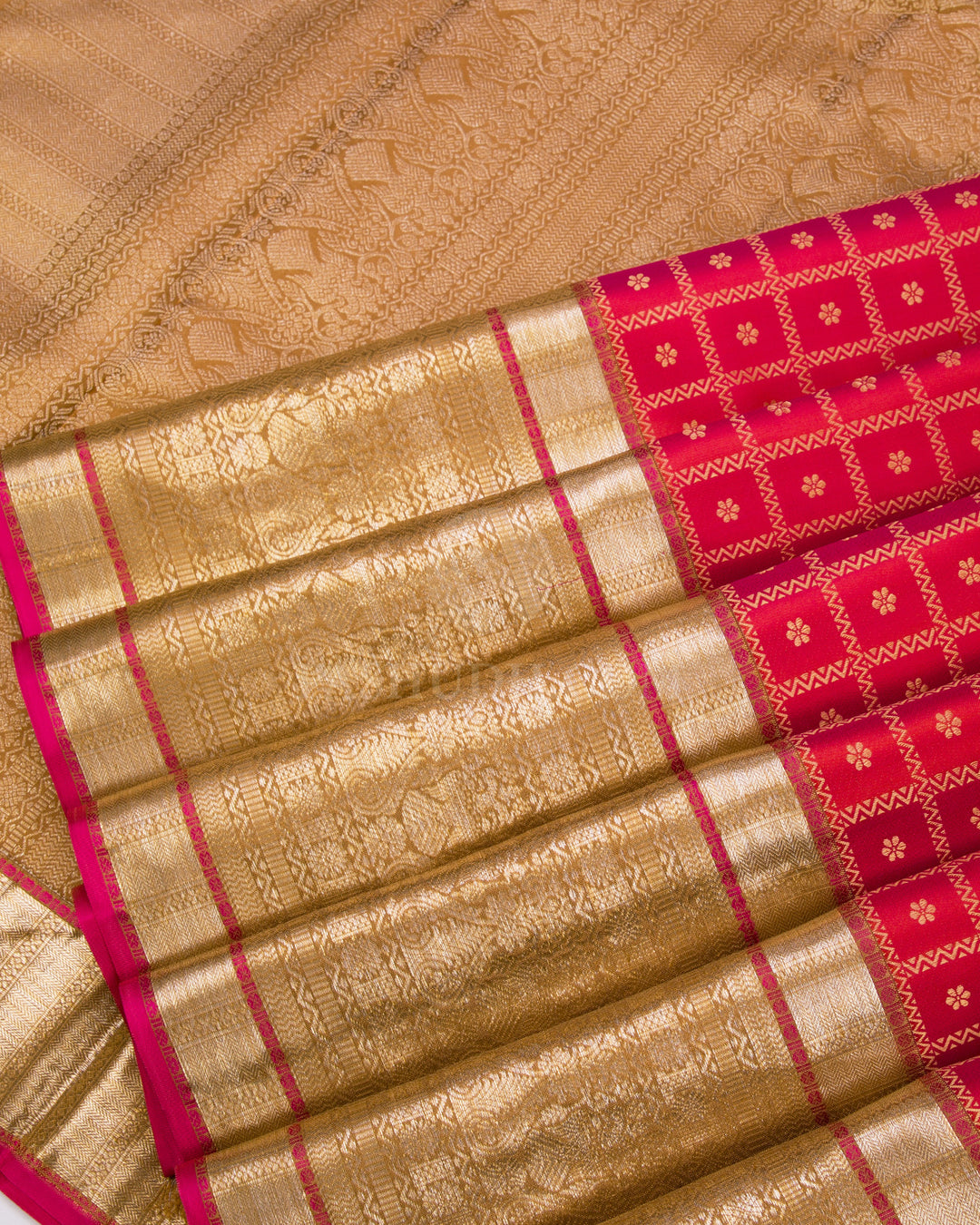 Pink Shot Red and Khaki Kanjivaram Silk Saree - DT204