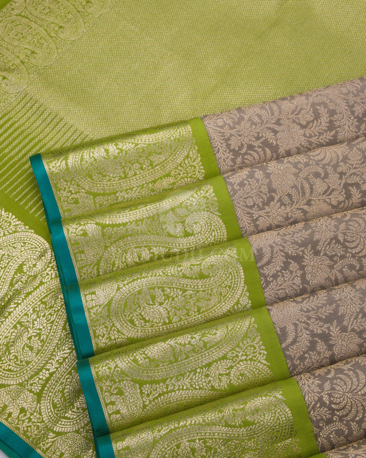 Grey and Mehendi Green Pure Zari Kanjivaram Silk Saree - S738 - View 5