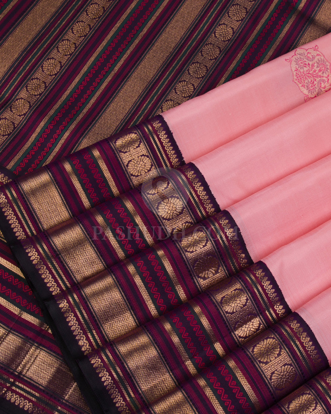 Peachy Pink & Aubergine Kanjivaram Silk Saree - S1067(A) - View 4