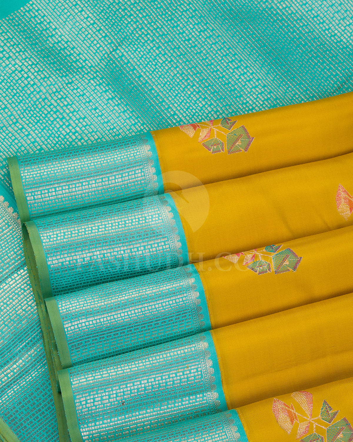 Mustard Yellow And Turquoise Blue Kanjivaram Silk Saree - S1153(B) - View 4