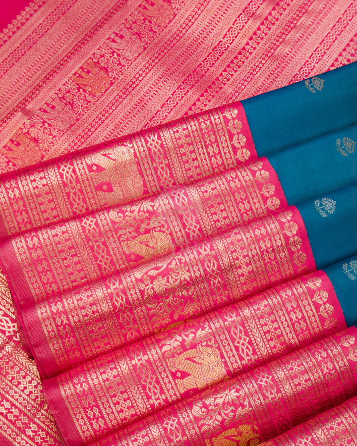 Peacock Blue & Fuchsia Pink Kanjivaram Silk Saree - S858 - View 5