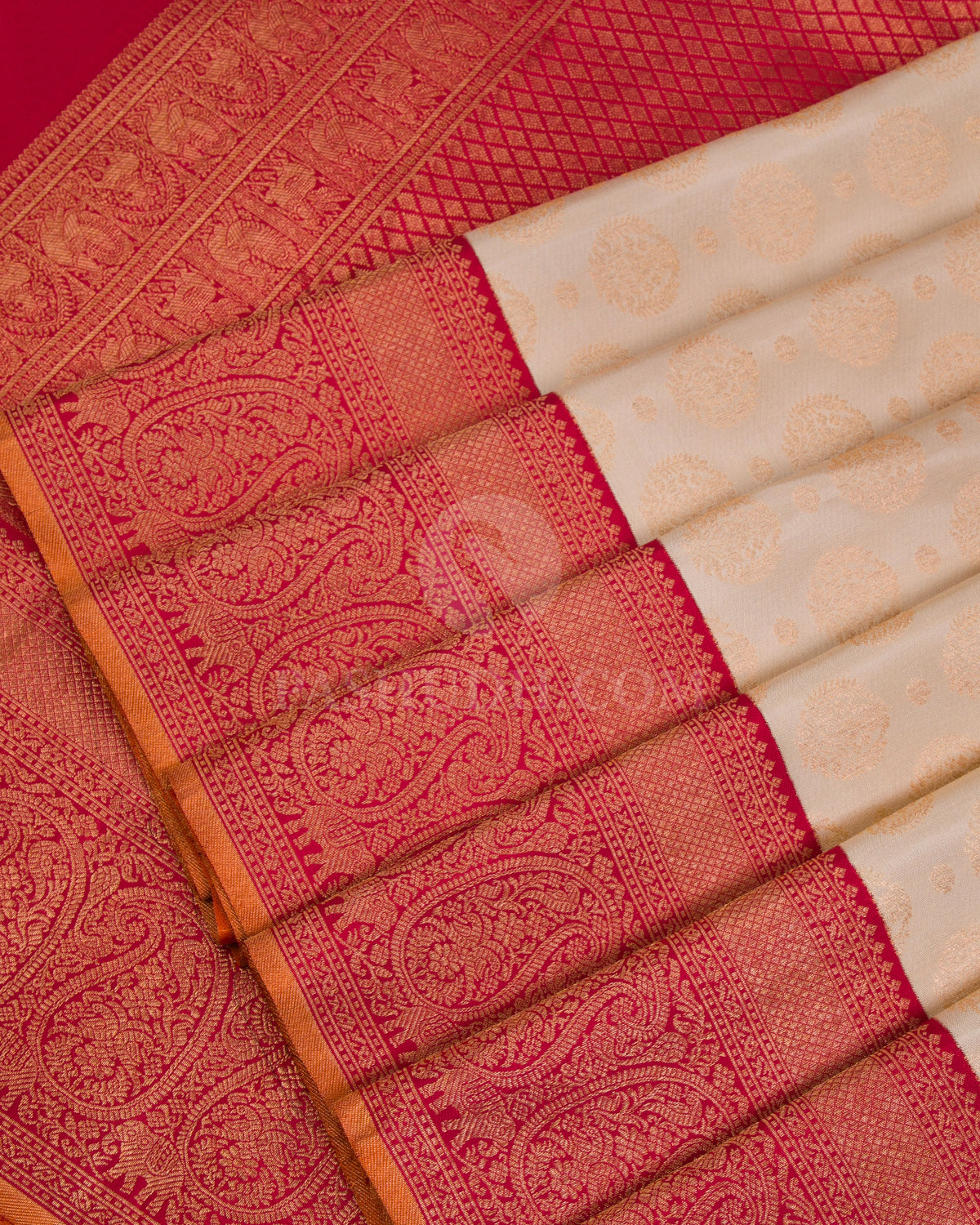 Cream & Red Kanjivaram Silk Saree - S1071(A) - View 4