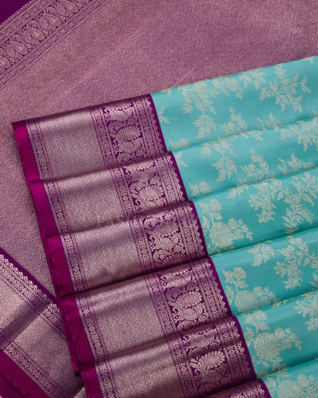 Aqua and Violet Pure Zari Kanjivaram Silk Saree - S748 - View 5