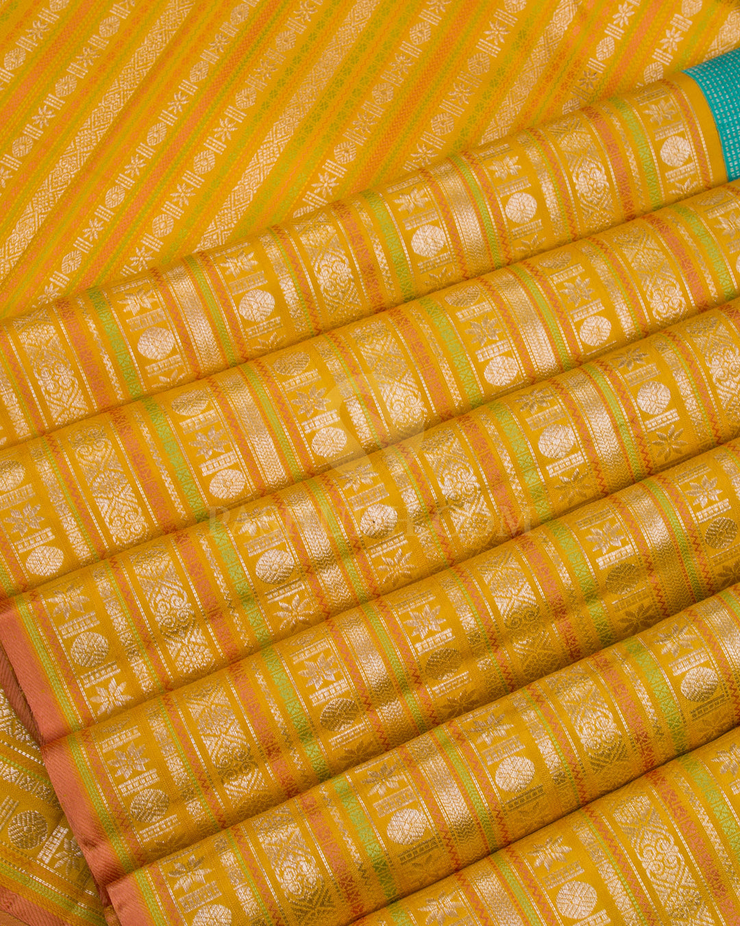 Turquoise Blue & Mango Yellow Kanjivaram Silk Saree - S1080(D) - View 4