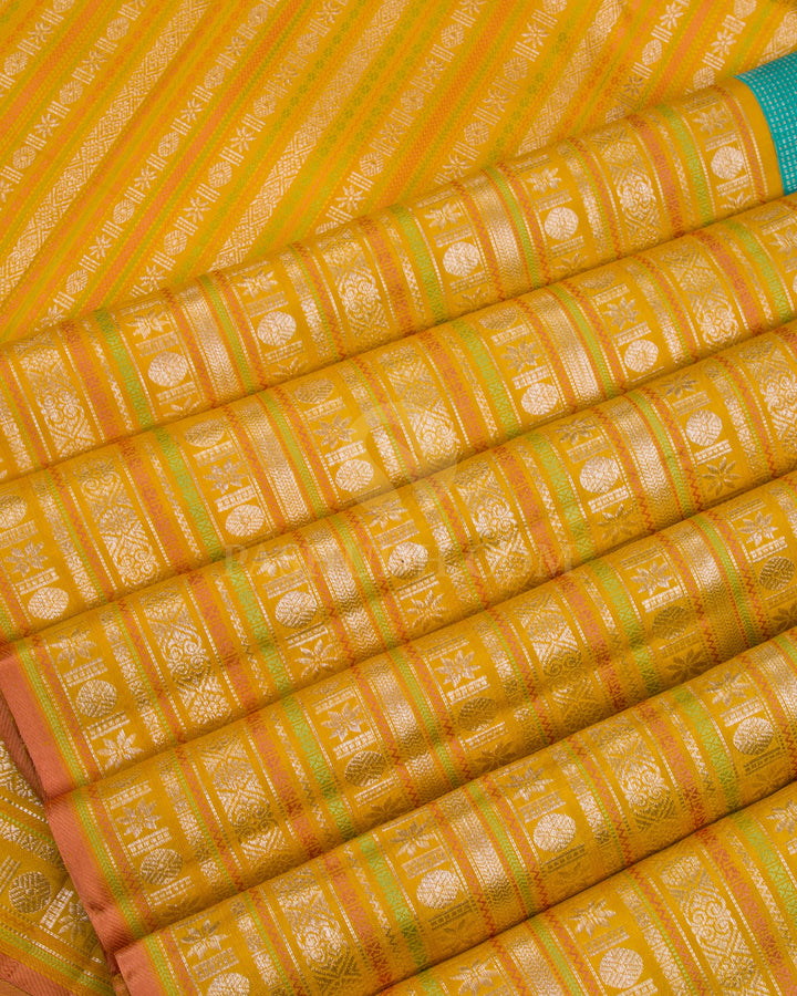 Turquoise Blue & Mango Yellow Kanjivaram Silk Saree - S1080(D) - View 4