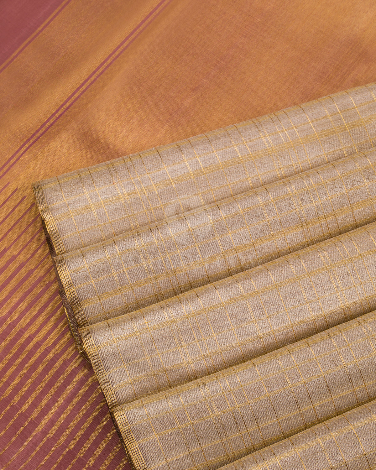 Gold & Brown Shimmer Organza Kanjivaram Silk Borderless Saree - S810  View 5