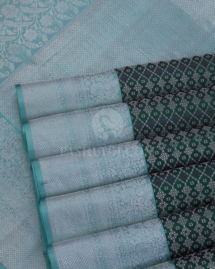 Bottle Green And Sky Blue Kanjivaram Silk Saree - DT251(E) - View 3