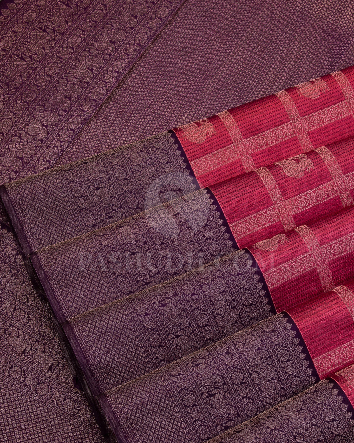 Rouge Pink and Dark Purple Kanjivaram Silk Saree - D494