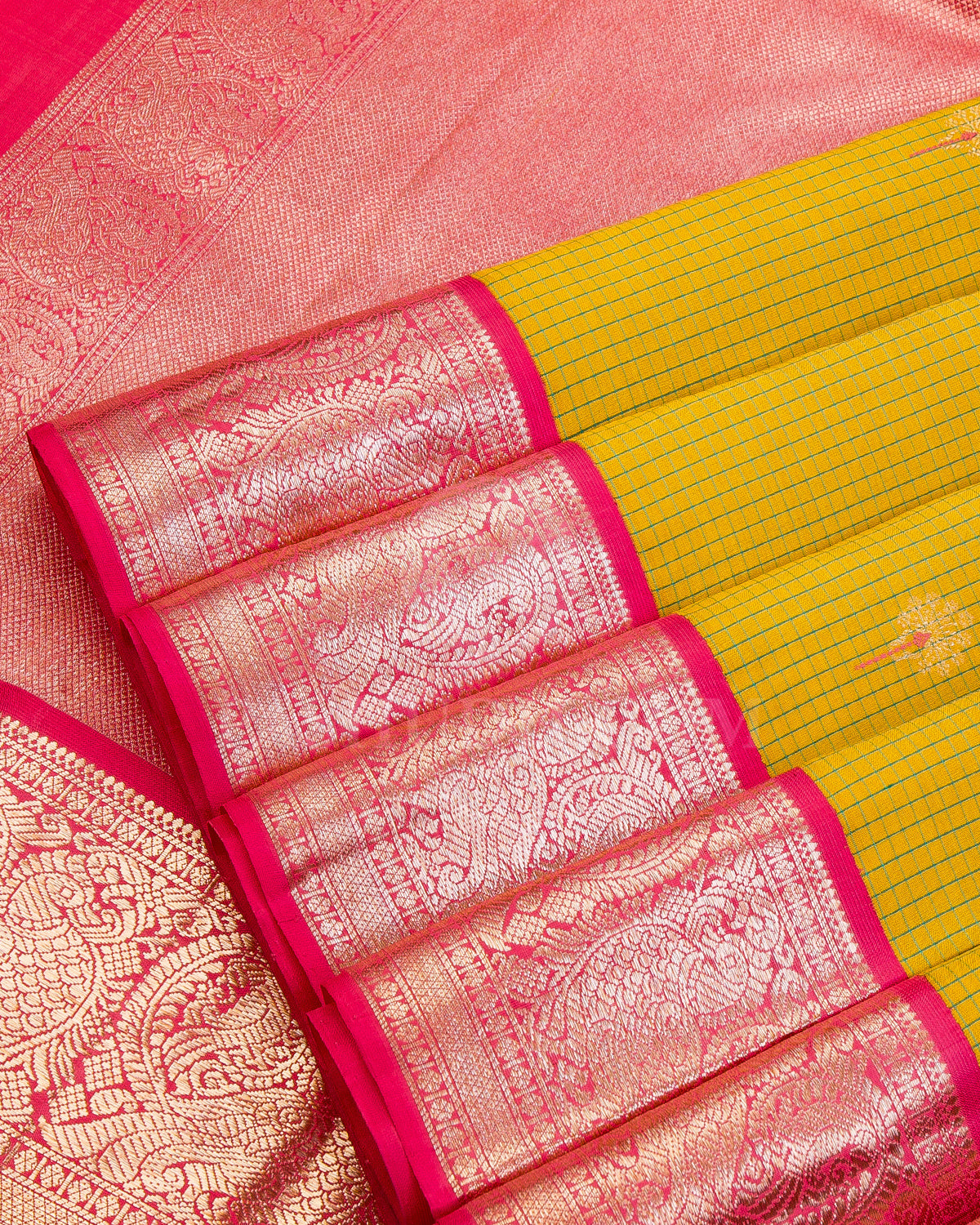Granola Yellow, Green and  Rouge Pink Kanjivaram Silk Saree - S957
