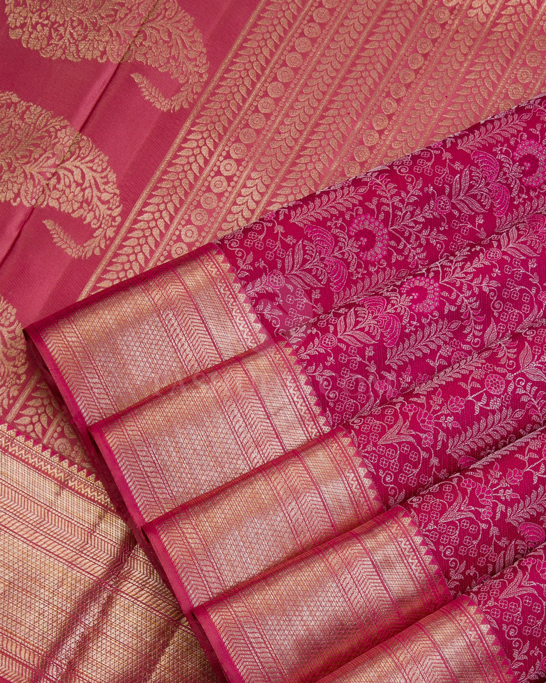 Magenta Pink and Salmon Pink Kanjivaram Silk Saree - D482