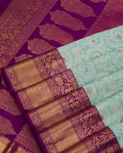 Powder Blue and Violet Kanjivaram Silk Saree - S964