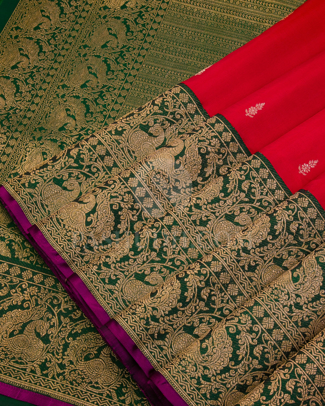 Red and Deep Green Kanjivaram Silk Saree - S933