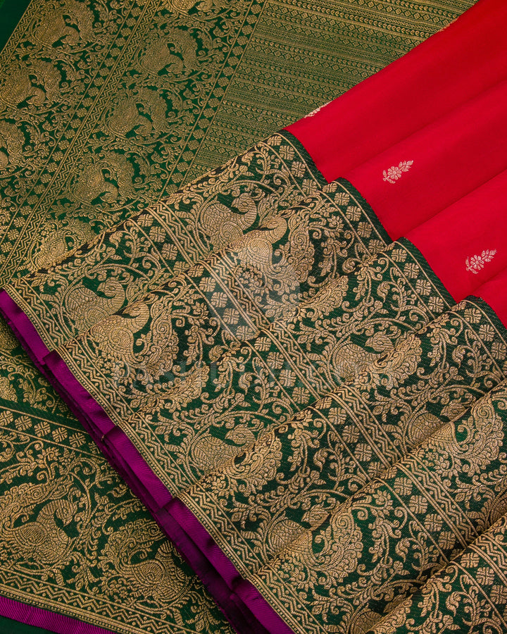 Red and Deep Green Kanjivaram Silk Saree - S933