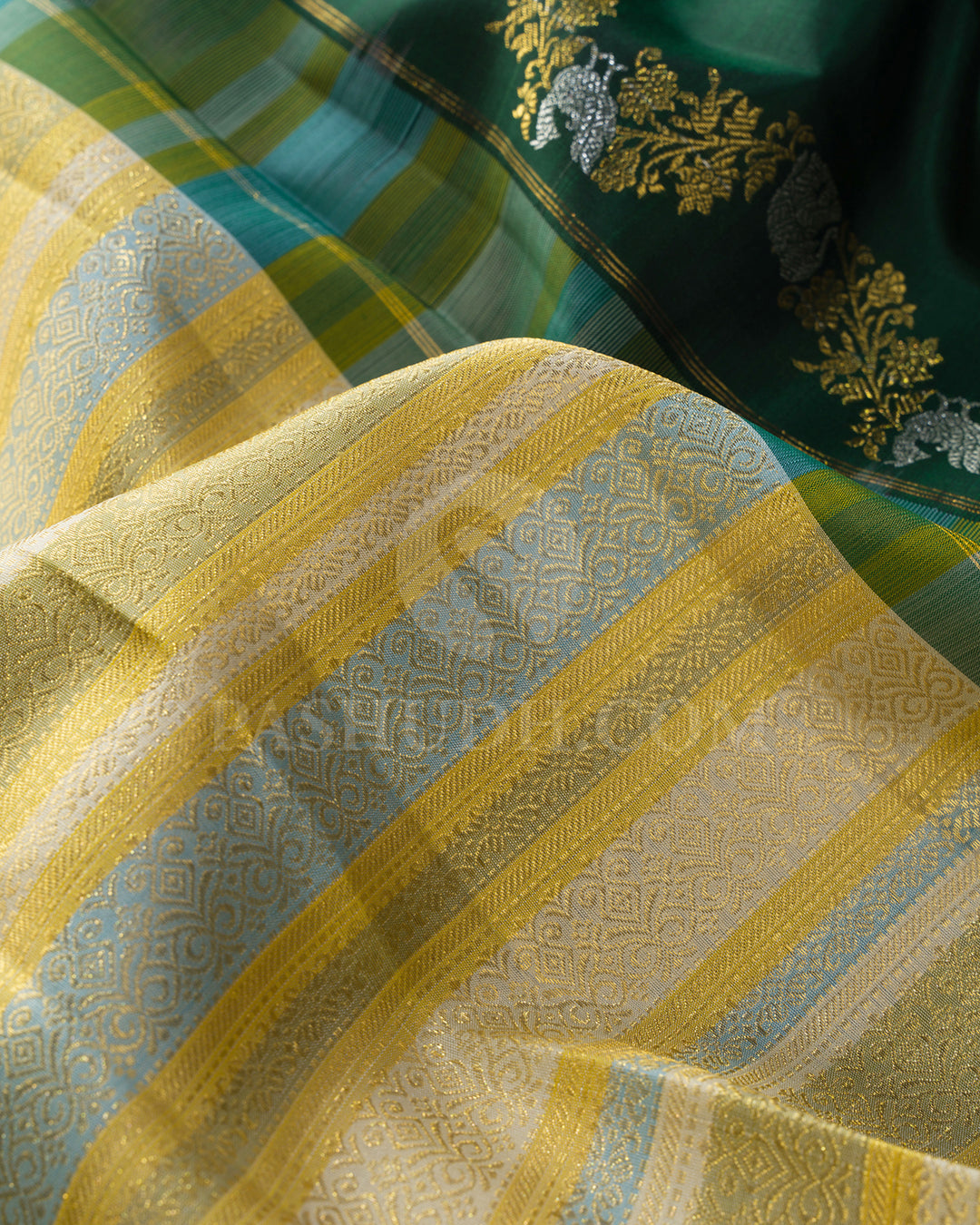 Ivory,Mustard Yellow,Powder Blue And Sage Green Borderless Traditional Kanjivaram Silk Saree-S1750(A)