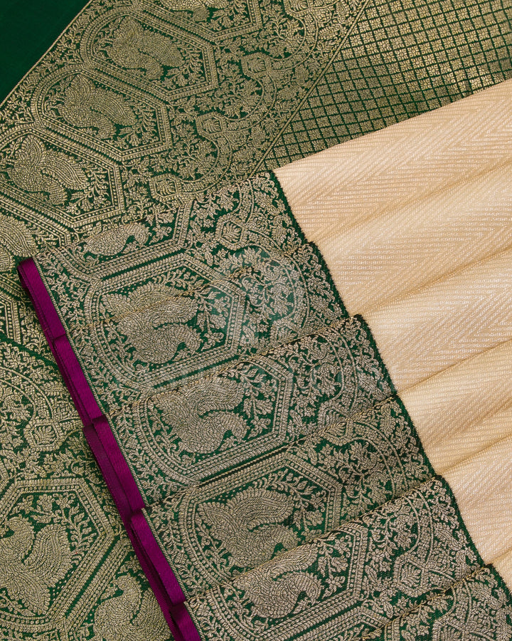 Cream and Forest Green Kanjivaram Silk Saree - S960