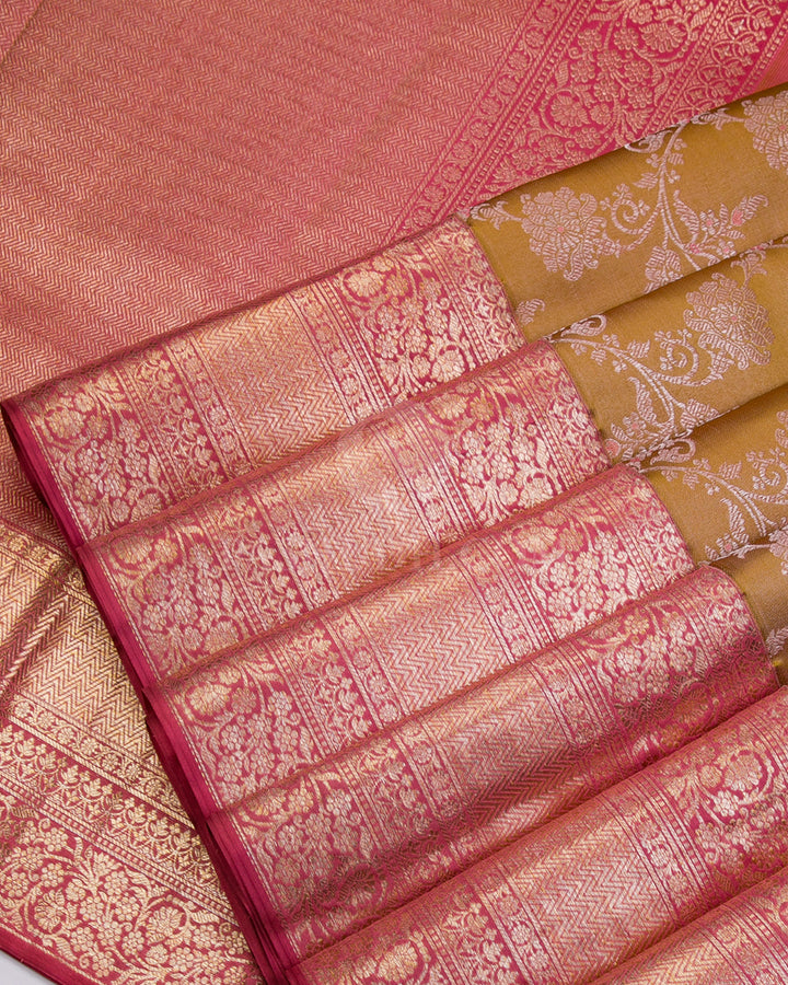 Golden Beige and Wild Orchid Pink Kanjivaram Silk Saree - D496