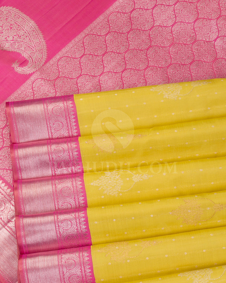 Lime Yellow And Pink Kanjivaram Silk Saree - S1173(A) - View 4