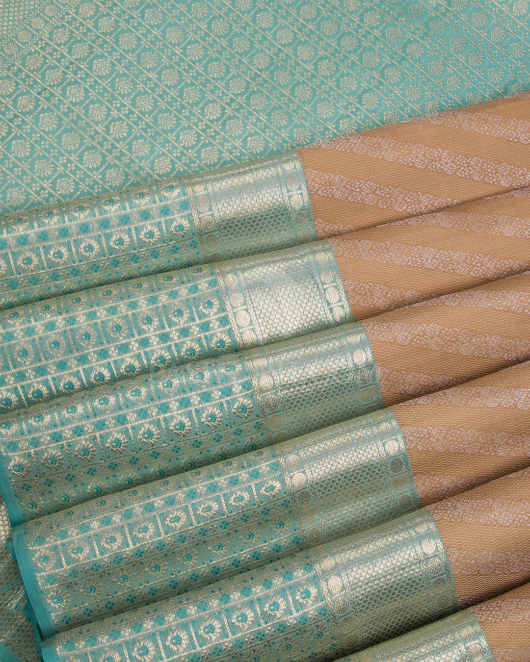 Beige & Sky Blue Kanjivaram Silk Saree - D524(B) - View 3