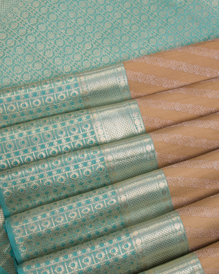 Beige & Sky Blue Kanjivaram Silk Saree - D524(B) - View 3