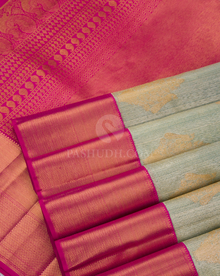 Light Green & Rani Pink Kanjivaram Silk Saree - S758 - View 5