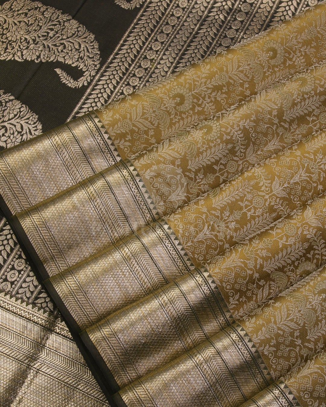 Mehendi Green and Taupe Brown Kanjivaram Silk Saree - D516(B) - View 3