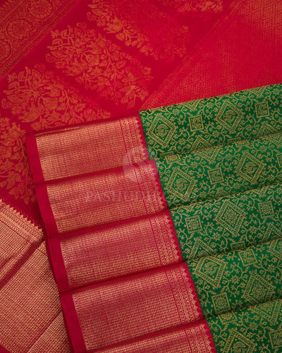 Dark Green and Red Kanjivaram Silk Saree - S753- View 5
