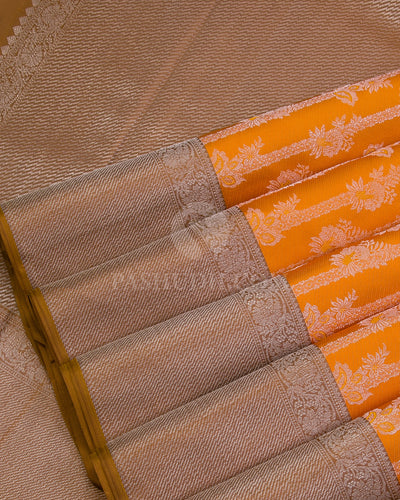 Orange and Khaki Silver Zari Kanjivaram Silk Saree - D497