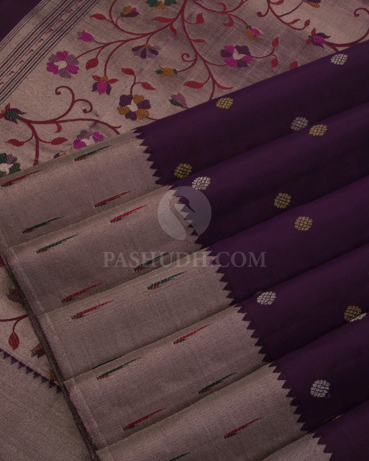 Deep Purple Pure Zari Kanjivaram Silk Saree with Paithani Border - P136(A) - View 4