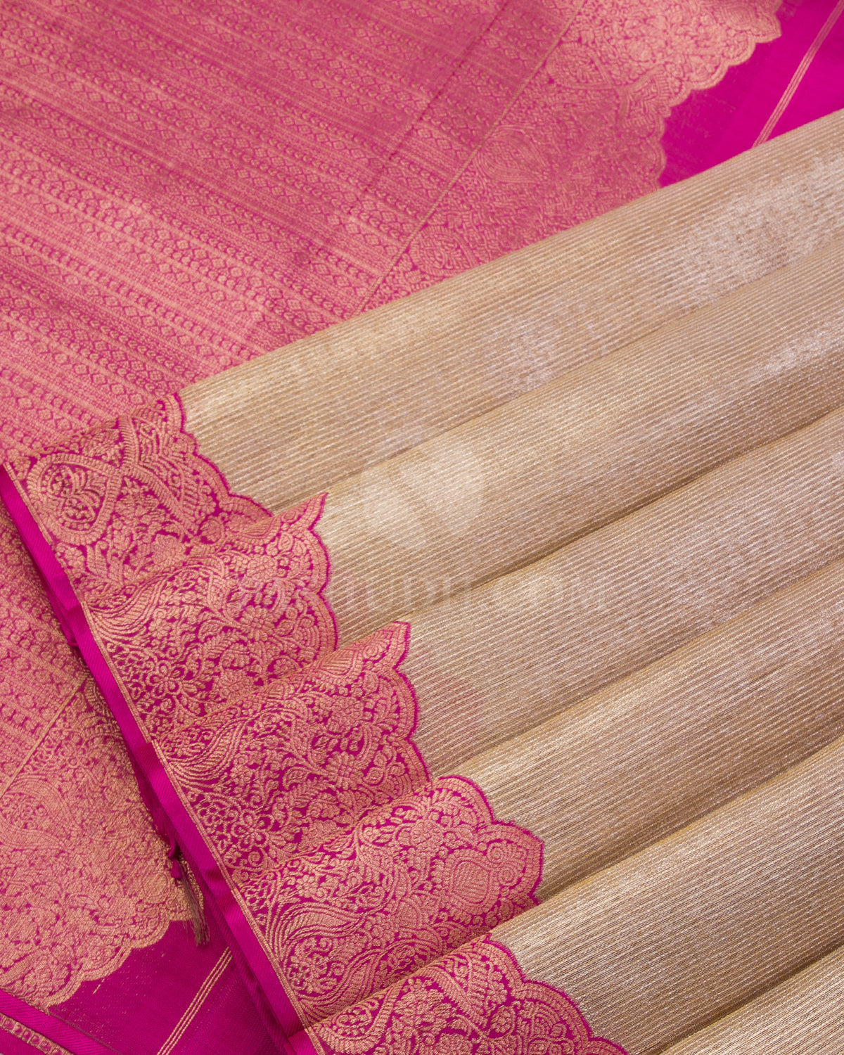 Antique Gold & Rani Pink Organza Kanjivaram Silk Saree - S1046(A) - View 4
