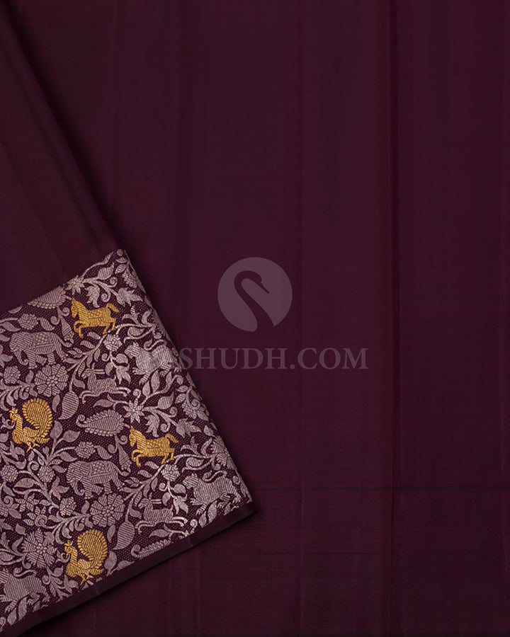 Betel Nut (Maroon) & Aubergine Kanjivaram Silk Saree - S1002 - View 3