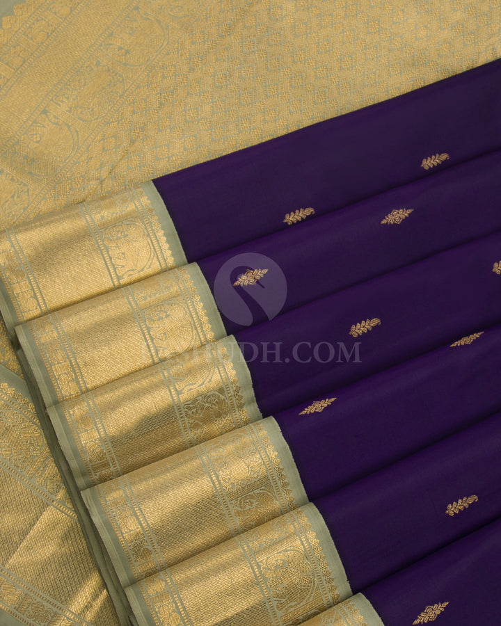 Royal Blue Violet & Sage Green Kanjivaram Silk Saree - D18 - View 3