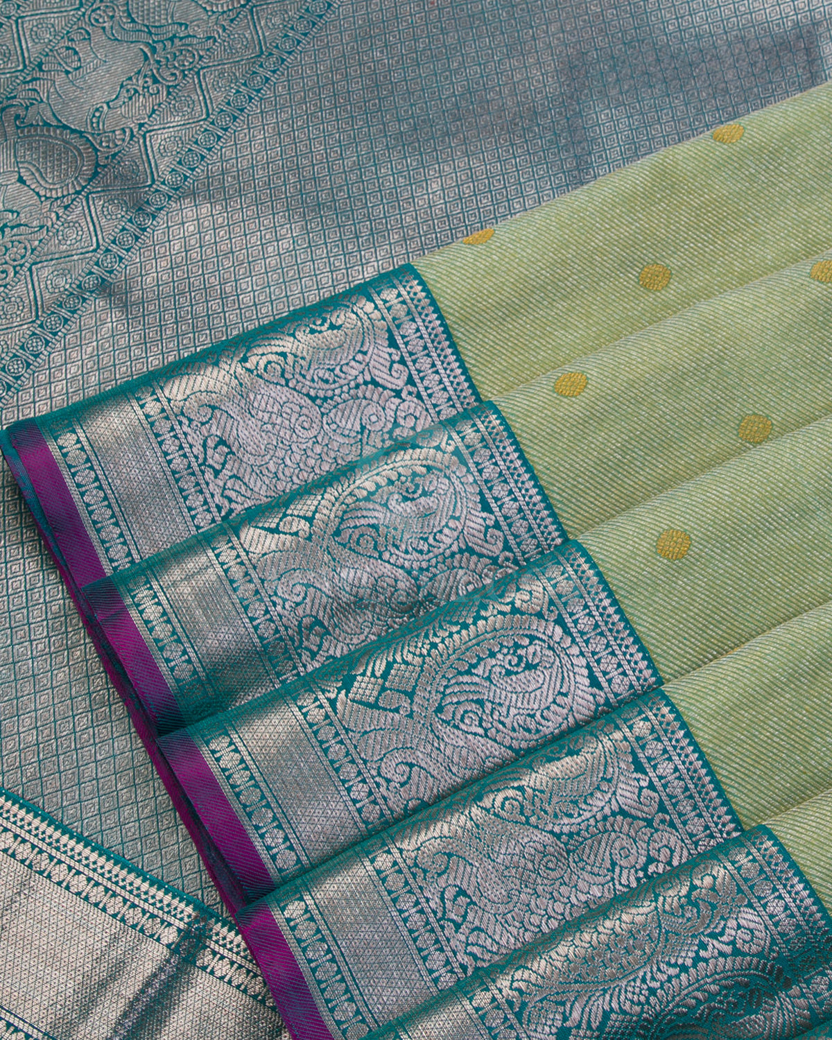Light Green & Teal Blue Kanjivaram Silk Saree - S1032(B) - View 4