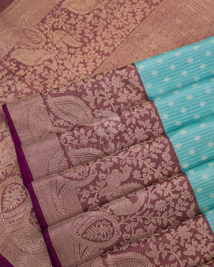 Sky Blue & Chocolate Kanjivaram Silk Saree - S763- View 5