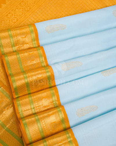 Sky Blue & Mango Yellow Kanjivaram Silk Saree - D2 - View 3